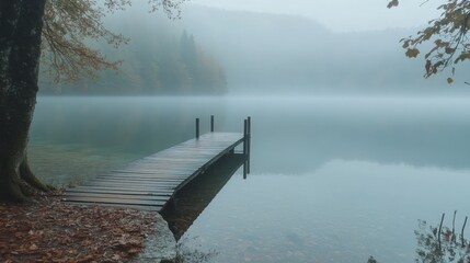 Poster - A serene lake scene with a wooden dock shrouded in mist and surrounded by trees.