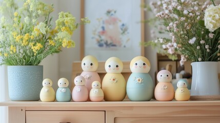 A cute nesting doll set with pastel colors arranged neatly on a dresser.