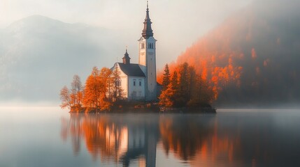 Poster - A serene lakeside church surrounded by autumn foliage and misty mountains.