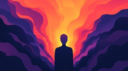 Poster - Vibrant Abstract Background with Silhouette of a Person Standing Against a Colorful Wave Pattern in Shades of Orange, Purple, and Yellow