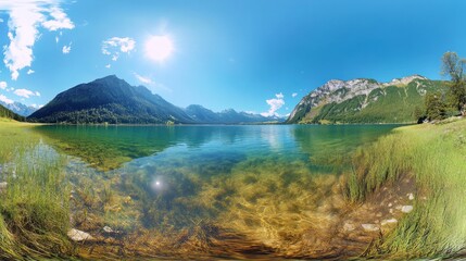 Poster - A serene lake surrounded by mountains under a bright blue sky.