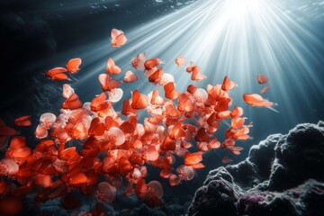 Poster - A vibrant underwater scene showing krill among jellyfish and small fish, with light rays streaming from the surface