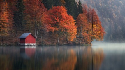 Poster - A serene lakeside scene with a red cabin surrounded by vibrant autumn foliage.