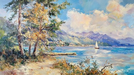 Poster - A serene lakeside landscape with trees, mountains, and a sailboat under a bright sky.