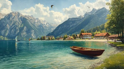 Poster - A serene lakeside scene with mountains, boats, and recreational activities.