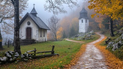 Poster - A serene landscape featuring a quaint chapel and tower amidst autumn foliage and fog.