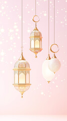 Wall Mural - Subtle Islamic theme in pink and white tones, with decorative lanterns and luminous crescents