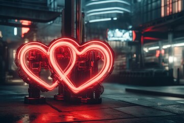 Aufkleber - Two glowing cyberpunk-style hearts connected by pulsating neon wires, set in a futuristic cityscape with holographic elements