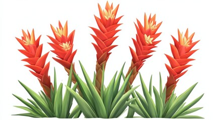 Wall Mural - red bromeliad plants on a white background