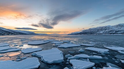 Aufkleber - A serene landscape of ice floes on a tranquil water surface during sunset.