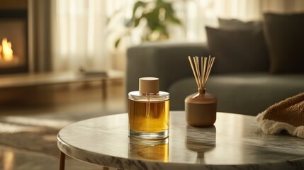 Aufkleber - A serene living space featuring a decorative fragrance diffuser and a stylish glass perfume bottle.