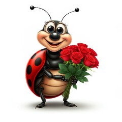 Ladybug Romance Bouquet - Cute ladybug cartoon character holding a bouquet of red roses, symbolizing love, affection, romance, spring, and nature.