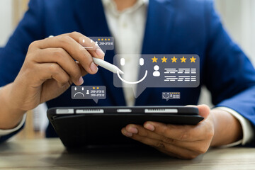 Wall Mural - customer satisfaction poll, users rate service and products online with five-star feedback, improvin