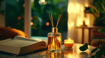 Aufkleber - A serene setting featuring a diffuser, candle, and an open book, creating a cozy atmosphere.