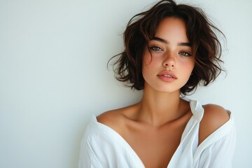 Young woman in white shirt with short hair posing confidently