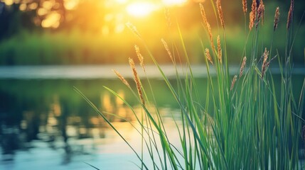 Poster - A serene sunset over a calm water body, with tall grass softly illuminated by sunlight.