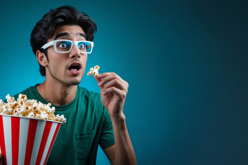 shocked emotional young man posing isolated over blue wall background watch film eat popcorn. young 