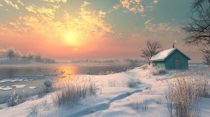 Aufkleber - A serene winter landscape featuring a cozy cabin by a frozen river at sunset.