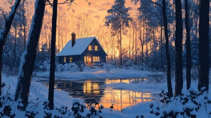 Aufkleber - A serene winter landscape featuring a cozy cabin by a reflective pond at sunset.