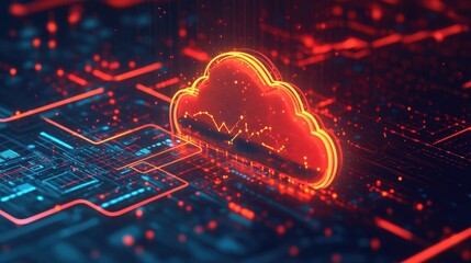 Poster - A vibrant digital cloud symbol connecting smart home devices, laptops, and tablets in a futuristic design.