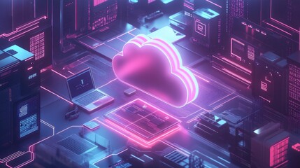 Poster - A vibrant digital cloud symbol connecting smart home devices, laptops, and tablets in a futuristic design.