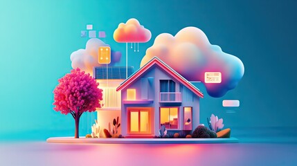 Poster - A vibrant digital cloud symbol connecting smart home devices, laptops, and tablets in a futuristic design.