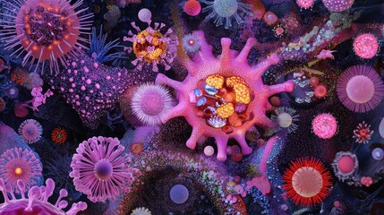 Poster - A visual array of microbes and viruses, designed to depict the intricate nature of pathogen cells.