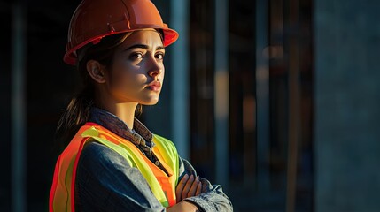Poster - A young construction expert in safety attire, standing with arms crossed and a focused look against a shadowy backdrop.