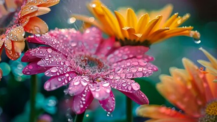 Poster - Vibrant flowers in garden, showcasing pink and yellow petals with droplets, create refreshing close up of natures beauty in full bloom.