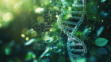 Fototapete - An abstract image of a plant with DNA strands, representing innovation in green biotechnology.