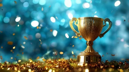 Wall Mural - golden trophy award bokeh soft blue background