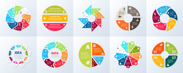 Poster - Infographic chart. 8 step graph. Information diagram. Circular infochart parts. Presentation cycle of business progress. Sequence process. Workflow visualization. Vector pictograms set
