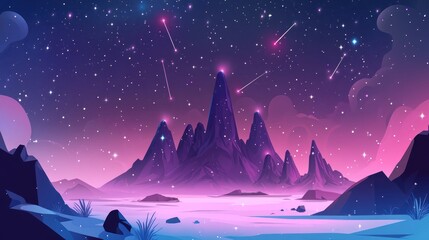 Aufkleber - A serene, stylized landscape featuring mountains under a starry sky with shooting stars.
