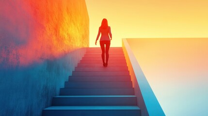 Poster - A silhouette of a person ascending stairs towards a vibrant, colorful horizon.