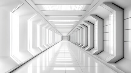 Aufkleber - A sleek, futuristic corridor with bright lighting and geometric walls, suggesting advanced design.