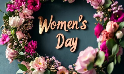 Wall Mural - A wreath of flowers with the words Women's Day written in gold letters. The flowers are pink and purple and are arranged in a circular pattern. The wreath is on a blue background