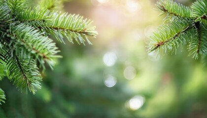 Poster - Vibrant Close-Up of Fresh Green Pine Tree Needles with Soft Sunlit Bokeh Background. Nature's Beauty for Holiday or Eco Themes