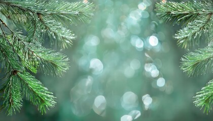 Poster - Close-Up of Frosted Evergreen Pine Branches with Water Droplets and Soft Bokeh Background for Winter Nature Themes or Festive Designs