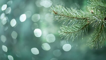 Poster - Close-Up of Frosted Evergreen Pine Branches with Water Droplets and Soft Bokeh Background for Winter Nature Themes or Festive Designs