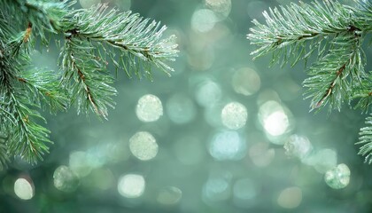 Poster - Close-Up of Frosted Evergreen Pine Branches with Water Droplets and Soft Bokeh Background for Winter Nature Themes or Festive Designs