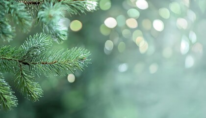 Poster - Close-Up of Frosted Evergreen Pine Branches with Water Droplets and Soft Bokeh Background for Winter Nature Themes or Festive Designs