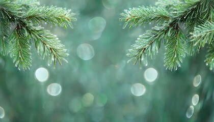 Poster - Close-Up of Frosted Evergreen Pine Branches with Water Droplets and Soft Bokeh Background for Winter Nature Themes or Festive Designs