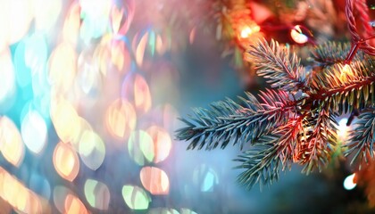 Poster - Festive Fir Tree Branch with Colorful Bokeh Lights in a Vibrant Holiday Atmosphere Perfect for Christmas Cards or Winter Themes