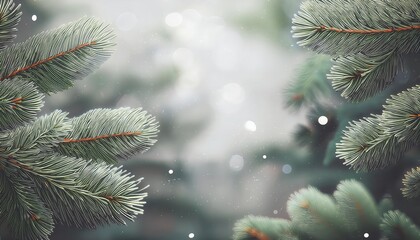 Poster - Close-Up of Snow Covered Evergreen Pine Branches with Soft Bokeh Winter Lights in Background: Perfect for Seasonal Nature Photography

