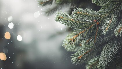 Poster - Close-Up of Snow Covered Evergreen Pine Branches with Soft Bokeh Winter Lights in Background: Perfect for Seasonal Nature Photography

