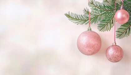 Poster - Elegant Pink Christmas Ornaments Hanging from Fir Branches with Soft Pastel Background for Minimalist Holiday Decor Inspiration
