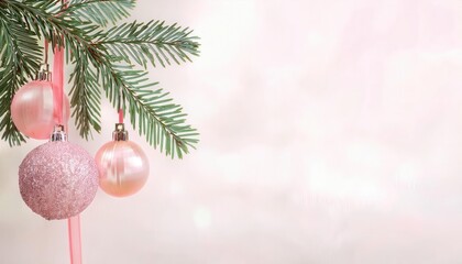 Poster - Elegant Pink Christmas Ornaments Hanging from Fir Branches with Soft Pastel Background for Minimalist Holiday Decor Inspiration