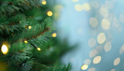 Poster - Close-Up of Evergreen Fir Tree Branch with Soft Yellow Christmas Lights and Bokeh Background for Festive Holiday Decor Inspiration