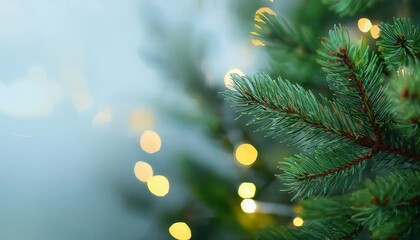 Poster - Close-Up of Evergreen Fir Tree Branch with Soft Yellow Christmas Lights and Bokeh Background for Festive Holiday Decor Inspiration