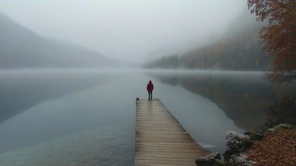 Poster - A solitary figure stands on a wooden pier, surrounded by misty lake and autumn foliage.